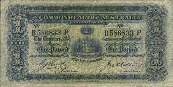 Featured is a photo image of a One Pound Bank Note issued by The Commonwealth of Australia in 1913-18.